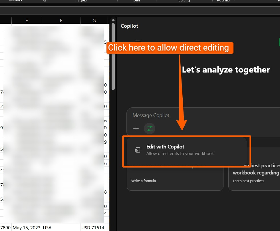 Copilot edit with Excel